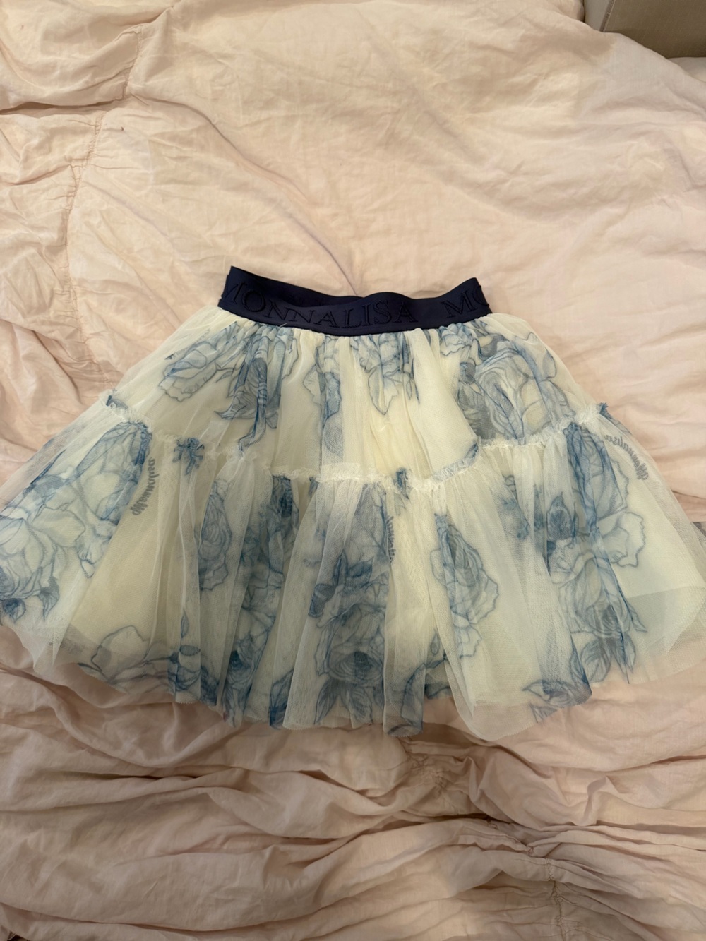 MonnaLisa Navy and Light Blue Floral Tulle Skirt